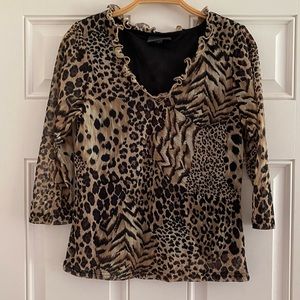 Vintage Y2K Notations Top Sheer Cheetah Leopard Patchwork Mesh Blouse Ruffle Tan